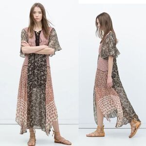 Zara Mixed Print Maxi Dress Floral Flounce Romantic Feminine‎ Asymmetrical Flowy